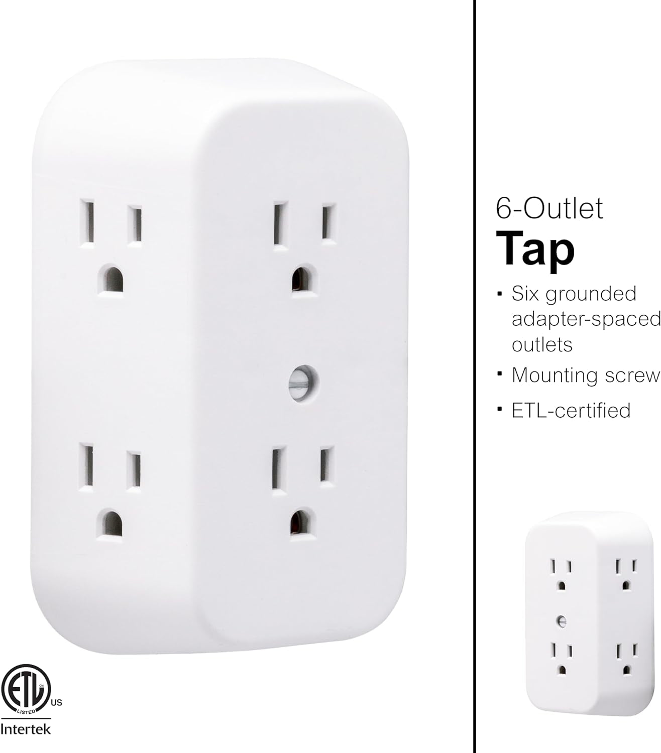 6-Outlet Extender, Grounded Wall Tap, Adapter Spaced Outlets, 3-Prong, Multiple Plug, Quick and Easy Install, Cruise Essentials, UL Listed, White, 50759