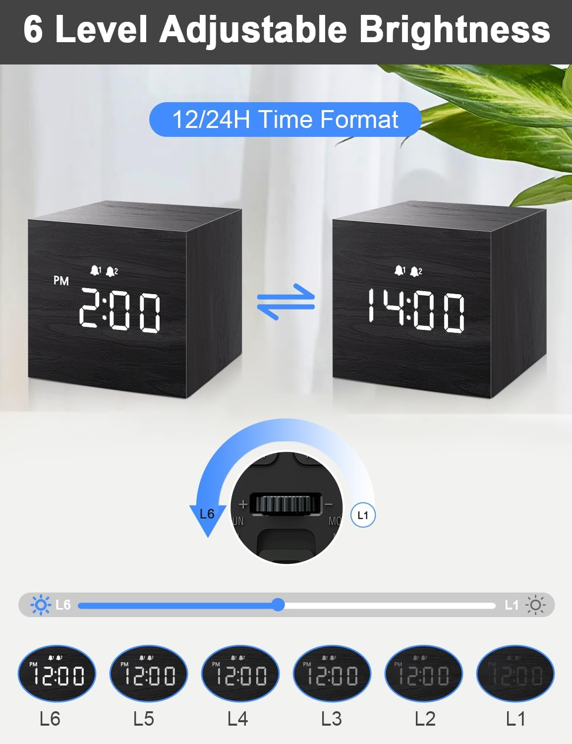 Digital Alarm Clock, with Wooden Electronic LED Time Display, Dual Alarm, 2.5-Inch Cubic Small Mini Wood Made Electric Clocks for Bedroom, Bedside, Desk, Black