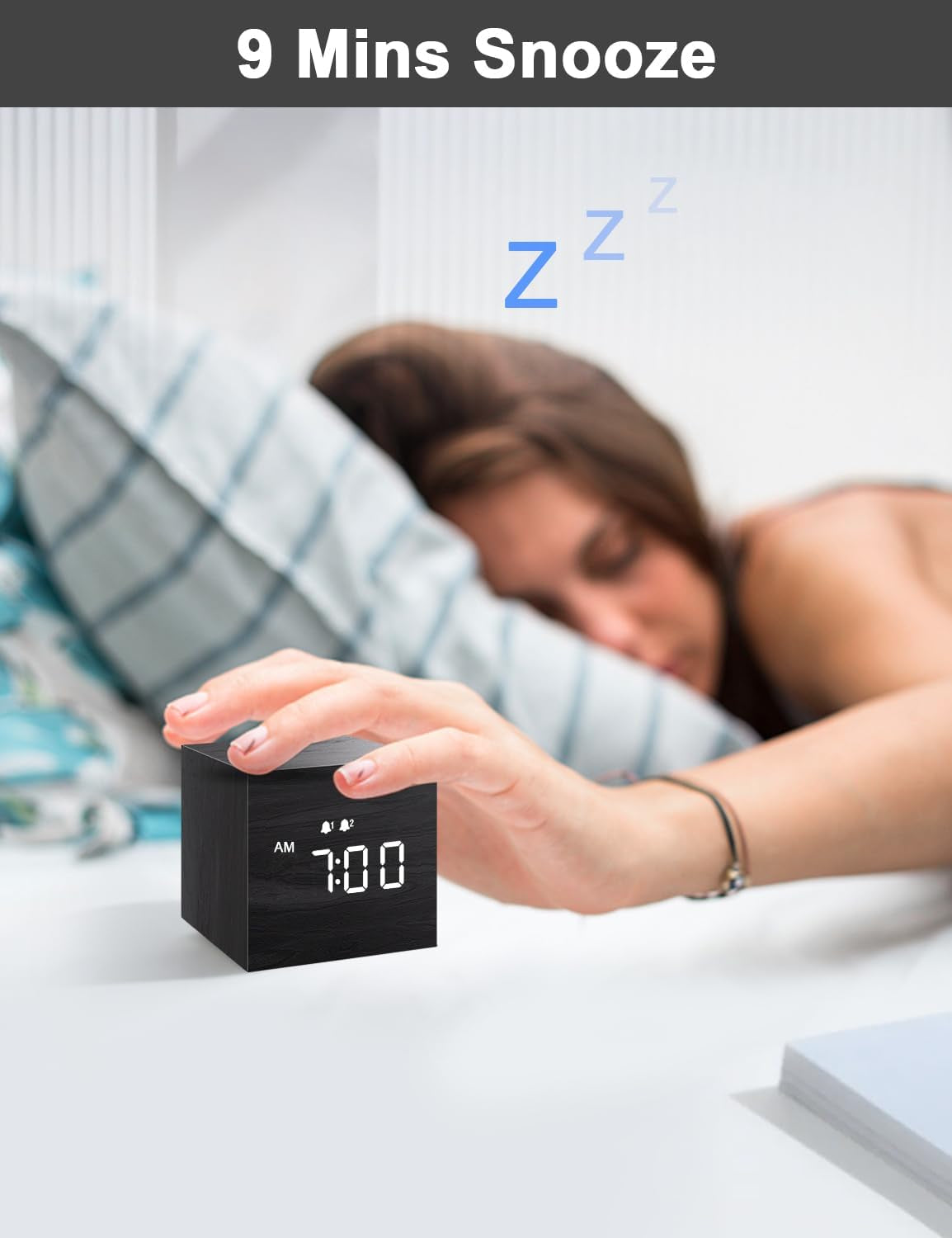 Digital Alarm Clock, with Wooden Electronic LED Time Display, Dual Alarm, 2.5-Inch Cubic Small Mini Wood Made Electric Clocks for Bedroom, Bedside, Desk, Black